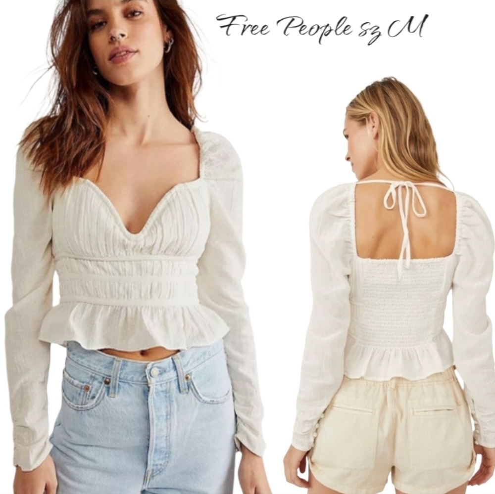 NWT Free People Chloe White Smocked Tie Neck Puff Sleeve Top M - Picture 2 of 16